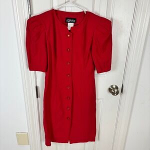 All That Jazz Vintage Red Button Front Sheath Dress Puff Sleeve USA Size 3/4
